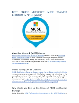 BEST ONLINE MICROSOFT MCSE TRAINING INSTITUTE IN DELHI (NOIDA).