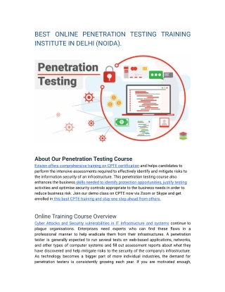 BEST ONLINE PENETRATION TESTING TRAINING INSTITUTE IN DELHI (NOIDA).