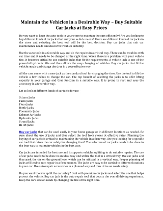 Maintain the Vehicles in a Desirable Way – Buy Suitable Car Jacks at Easy Prices