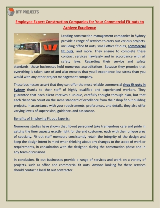 Employee Expert Construction Companies for Your Commercial Fit-outs to Achieve Excellence