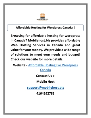 Affordable Hosting for Wordpress Canada | Mobilehost.biz