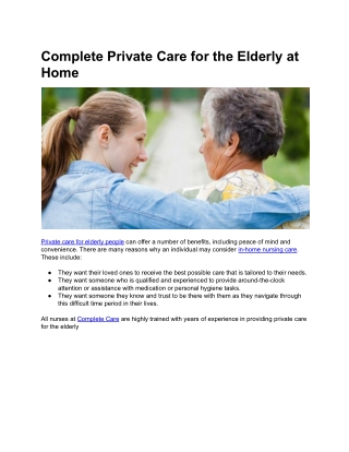 Complete Private Care for the Elderly at Home