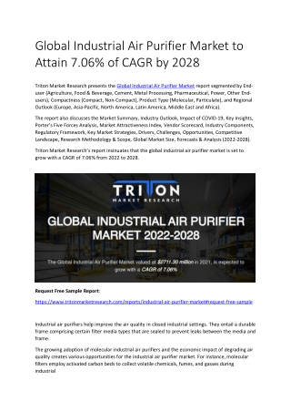 Global Industrial Air Purifier Market to Attain 7.06% of CAGR by 2028