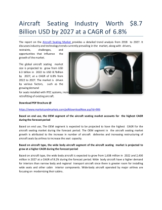 Aircraft Seating Industry Worth $8.7 Billion USD by 2027