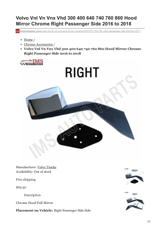 imsautoparts.com-Volvo Vnl Vn Vnx Vhd 300 400 640 740 760 860 Hood Mirror Chrome Right Passenger Side 2016 to 2018