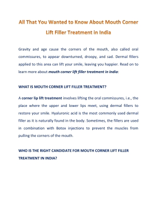 Mouth Corner Lift Filler Treatment in India: Cost, Recovery & Procedure