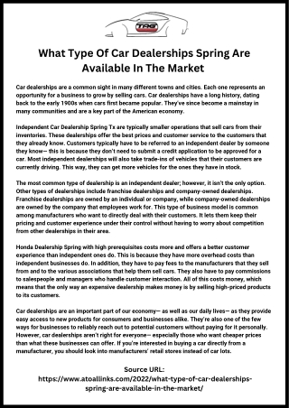 What Type Of Car Dealerships Spring Are Available In The Market