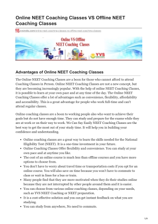 Online NEET Coaching Classes VS Offline NEET Coaching Classes - yvsindia.com