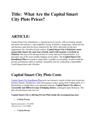 What Are The Capital Smart City Plots Prices