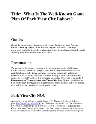 What Is The Well-Known Game Plan Of Park View City Lahore