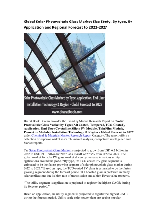 Global Solar Photovoltaic Glass Market Research Report 2022-2027