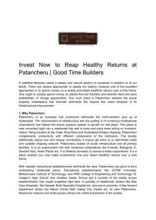 Invest Now to Reap Healthy Returns at Patancheru - Good Time Builders