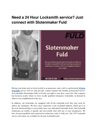 Need a 24 Hour Locksmith service Just connect with Slotenmaker Fuld.ppt