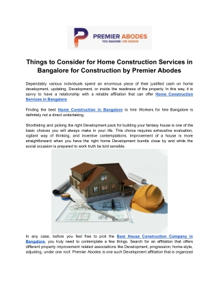 Things to Consider for Home Construction Services in Bangalore for Construction by Premier Abodes