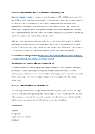 Laboratory Freezers Market Likely to Reach the USD 4.65 Billion by 2029