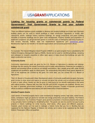 Looking for housing grants or commercial grants by Federal Government