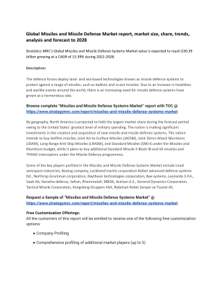 Global Missiles and Missile Defense Market report, market size, share, trends, a
