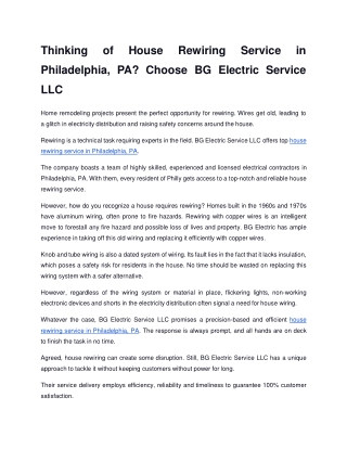 Thinking of House Rewiring Service in Philadelphia, PA? Choose BG Electric