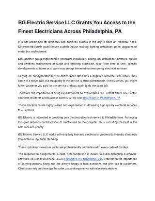 BG Electric Service LLC Grants You Access to the Finest Electricians Across Phil