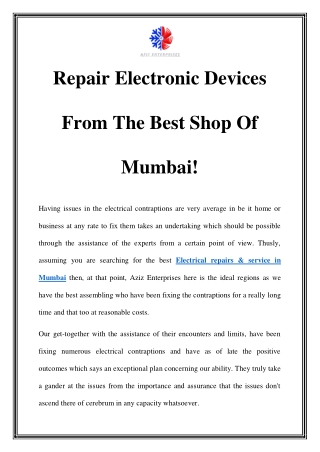 Electrical Repairs & Service In Mumbai Call-9920529961