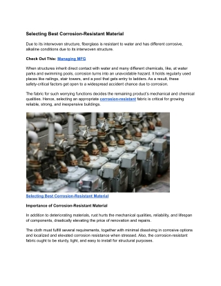 Managing MFG : Selecting Best Corrosion-Resistant Material