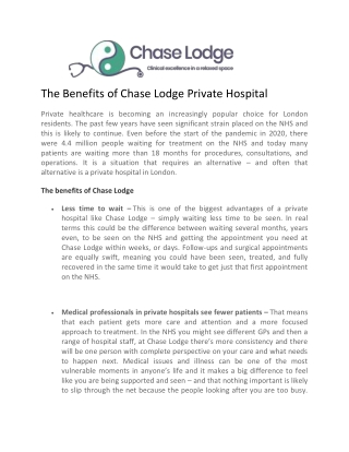 The Benefits of Chase Lodge Private Hospital