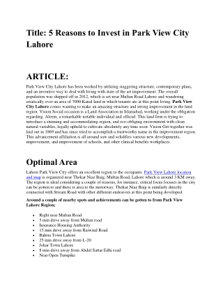 5 Reasons to Invest in Park View City Lahore