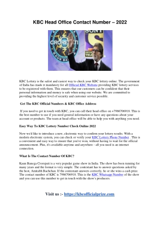 KBC Head Office Contact Number – 2022