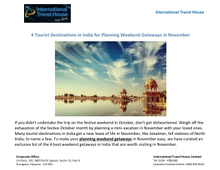 4 Tourist Destinations in India for Planning Weekend Getaways in November