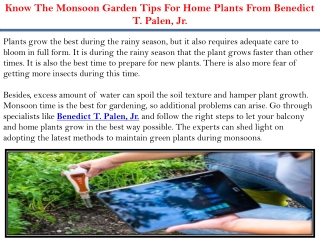 Know the Monsoon garden tips for home plants from Benedict T. Palen, Jr.