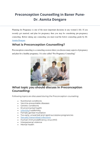 Preconception Counselling in Baner Pune