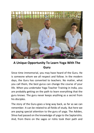 A Unique Opportunity To Learn Yoga With The Guru
