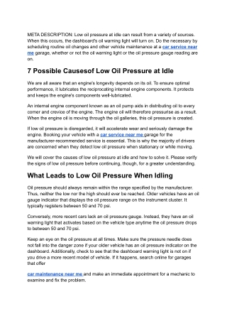 7 Possible Causesof Low Oil Pressure at Idle