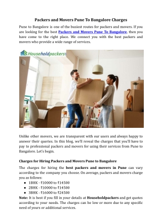 Packers and Movers Pune To Bangalore Charges