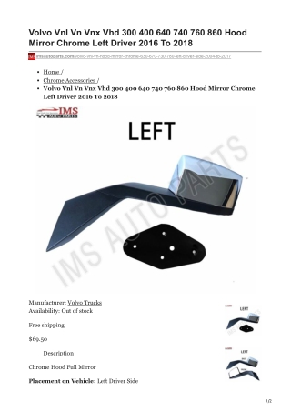 imsautoparts.com-Volvo Vnl Vn Vnx Vhd 300 400 640 740 760 860 Hood Mirror Chrome Left Driver 2016 To 2018