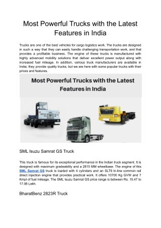 Most Powerful trucks with the latest features in India