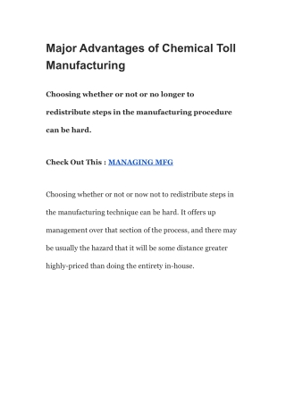 Major Advantages of Chemical Toll Manufacturing