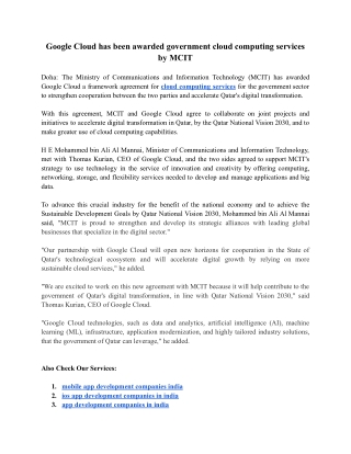 Google Cloud has been awarded government cloud computing services by MCIT