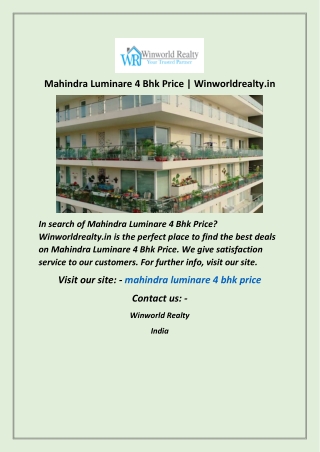 Mahindra Luminare 4 Bhk Price  Winworldrealty in