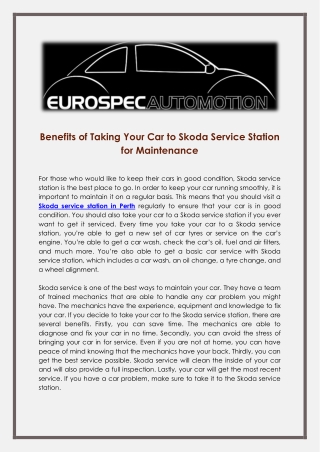 Benefits of Taking Your Car to Skoda Service Station for Maintenance
