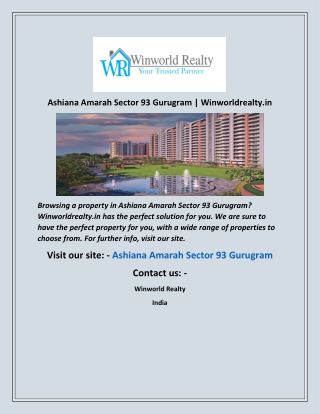 Ashiana Amarah Sector 93 Gurugram  Winworldrealty in