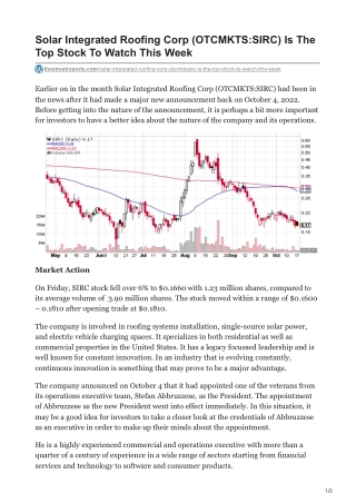 Solar Integrated Roofing Corp OTCMKTSSIRC Is The Top Stock To Watch This Week