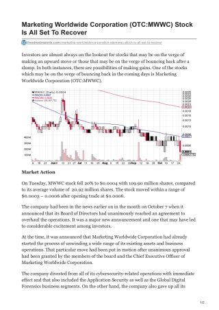 Marketing Worldwide Corporation OTCMWWC Stock Is All Set To Recover