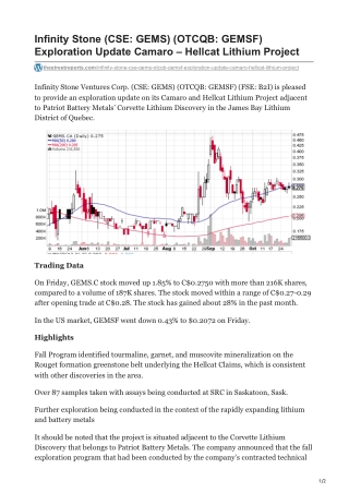 Infinity Stone CSE GEMS OTCQB GEMSF Exploration Update Camaro  Hellcat Lithium Project