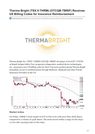 Therma Bright TSXVTHRM OTCQBTBRIF Receives US Billing Codes for Insurance Reimbursement