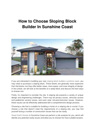 How to Choose Sloping Block Builder In Sunshine Coast