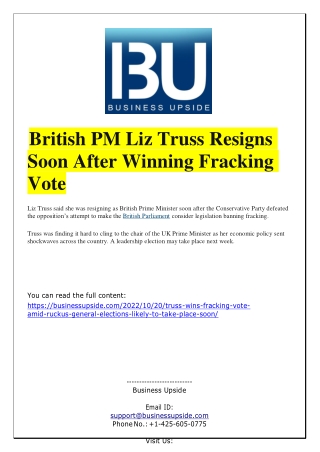 British PM Liz Truss Resigns Soon After Winning Fracking Vote