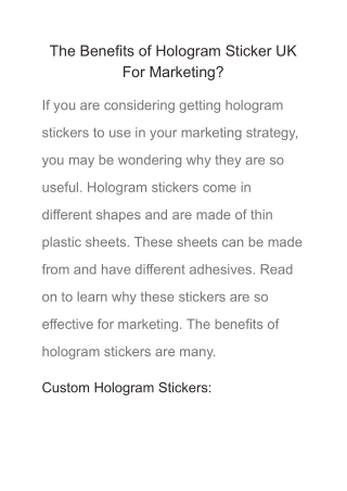 The Benefits of Hologram Sticker UK For Marketing