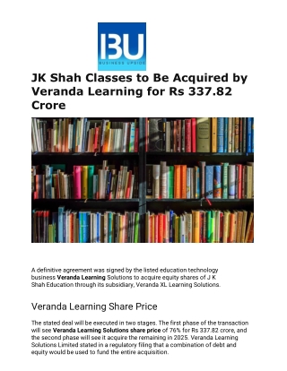 JK Shah Classes to Be Acquired by Veranda Learning for Rs 337.82 Crore