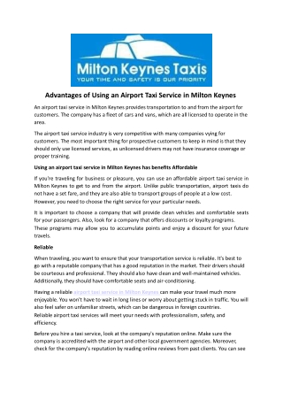 Advantages of Using an Airport Taxi Service in Milton Keynes